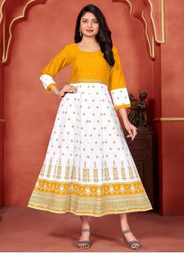 White Rayon Foil Print Designer Kurti