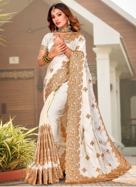 White Satin Embroidered Contemporary Saree