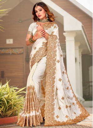 White Satin Embroidered Contemporary Saree