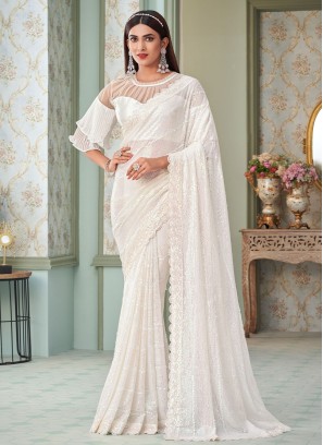White Sequins Georgette Contemporary Style Saree
