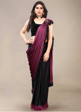 Wine And Black Color Poly Crepe Saree