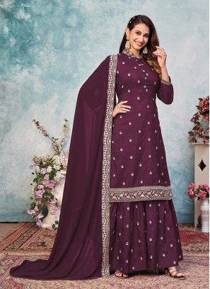 Wine Color Art Silk Embroidered Sharara Suit