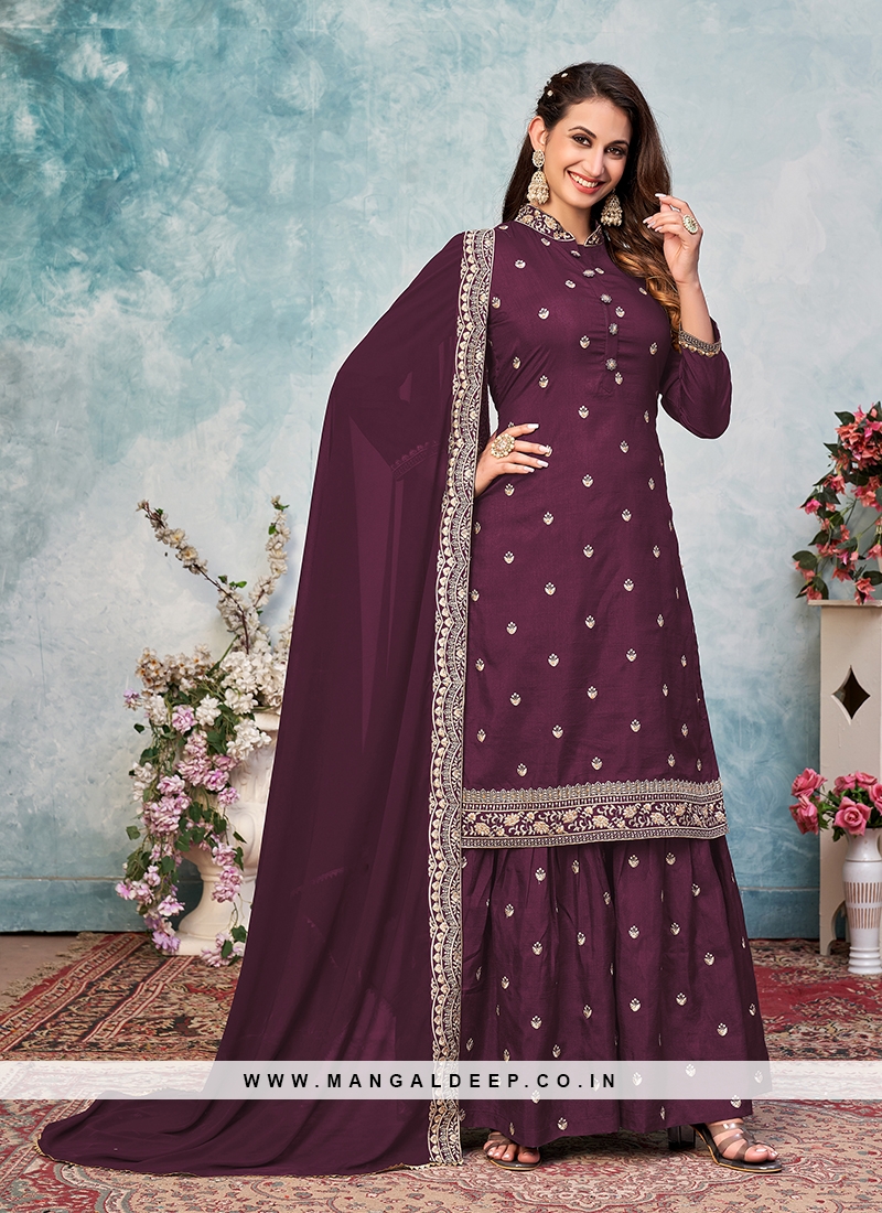 Wine Color Art Silk Embroidered Sharara Suit