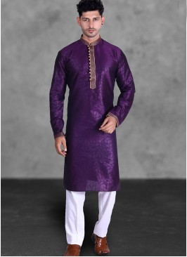 Wine Color Art Silk Mens Kurta Pajama