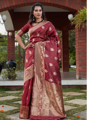 Wine Color Banarasi Silk Classic Saree