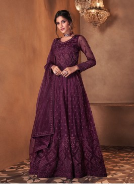 Wine Color Butterfly Net Anarkali Gown