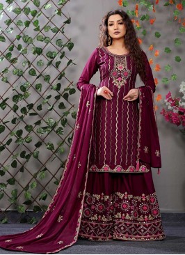 Wine Color Chinnon Embroidered Palazzo Suit