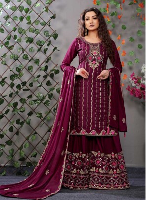 Wine Color Chinnon Embroidered Palazzo Suit