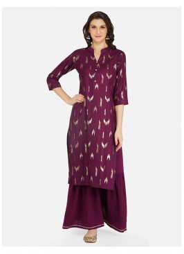 Wine Color Cotton Kurti With Bottom