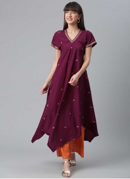 Wine Color Crepe Kurti With Plazzo