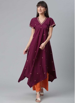 Wine Color Crepe Kurti With Plazzo