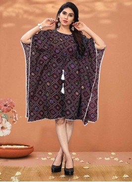 Wine Color Crepe Printed Kaftan