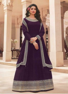 Wine Color Embroidered Floor Length Suit