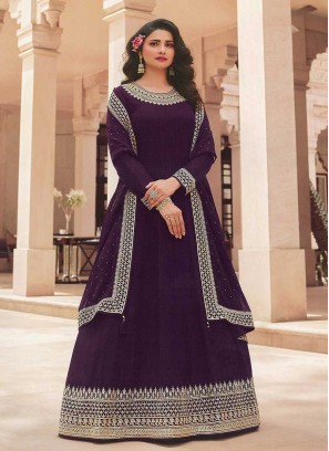 Wine Color Embroidered Floor Length Suit