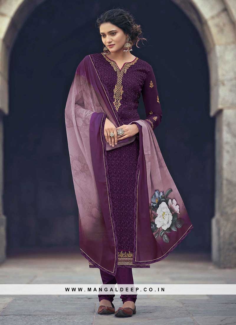 Wine Color Embroidered Georgette Salwar Suit