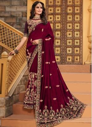 Wine Color Embroidered Wedding Wear Saree In Silk