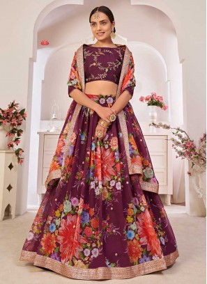 Wine Color Floral Print Georgette Lehenga