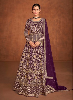 Wine Color Georgette Embroidered Long Dress