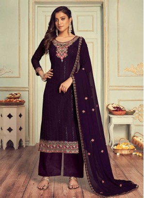 Wine Color Georgette Embroidered Palazzo Dress