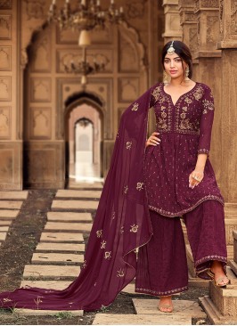 Wine Color Georgette Embroidered Sharara Dress