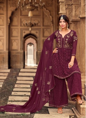 Wine Color Georgette Embroidered Sharara Dress