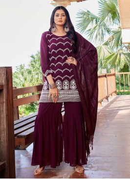 Wine Color Georgette Embroidered Sharara Suit