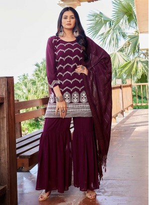 Wine Color Georgette Embroidered Sharara Suit