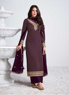 Wine Color Georgette Embroidered Suit