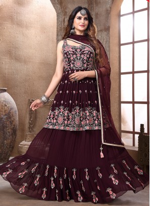 Wine Color Georgette Lehenga With Long Top