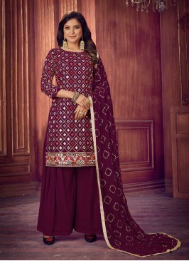 Wine Color Georgette Mirror Work Sharara Suit