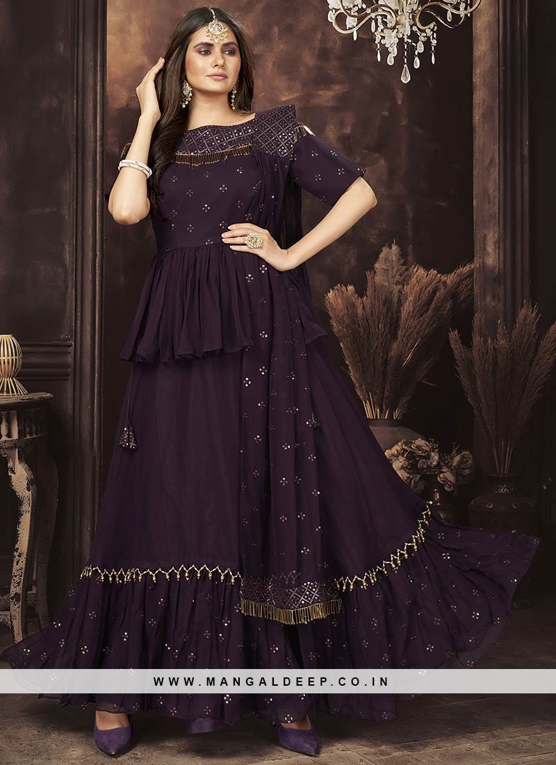 Wine Color Georgette Readymade Sharara Dress