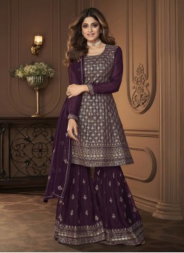 Wine Color Georgette Sequins Embroidered Plazzo Suit