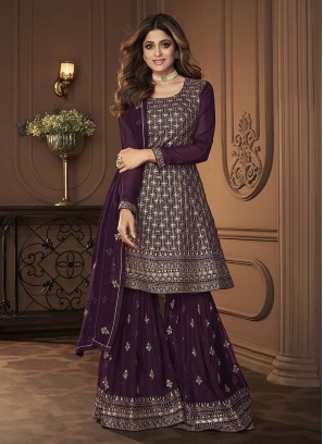 Wine Color Georgette Sequins Embroidered Plazzo Suit
