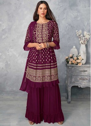 Wine Color Georgette Sequins Work Sharara Suit