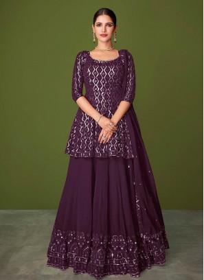 Wine Color Georgette Sequins Work Straight Cut Suit