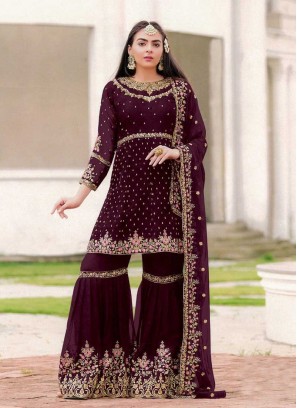 Wine Color Georgette Sharara Suit