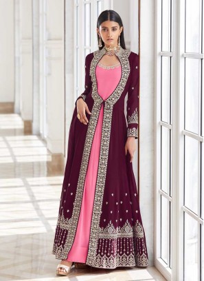 Wine Color Georgette Suit With Long Jacket