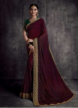 Wine Color Lace Border Silk Saree