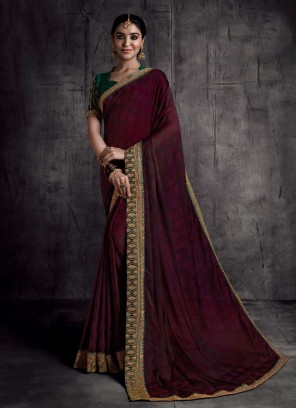 Wine Color Lace Border Silk Saree