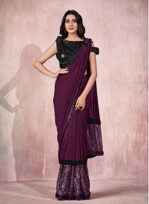 Wine Color Lycra Ready To Wear Saree