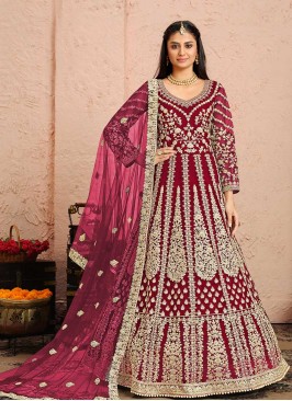 Wine Color Net Anarkali Dress