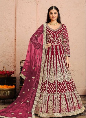 Wine Color Net Anarkali Dress