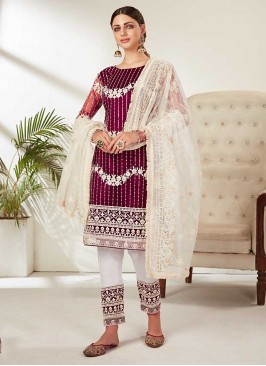 Wine Color Net Embroidered Pakistani Suit