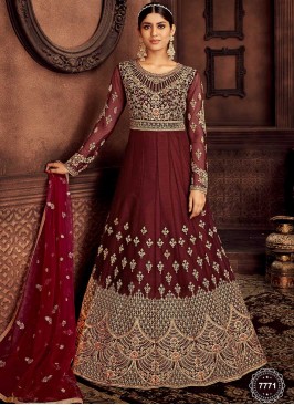 Wine Color Net Embroidered Suit