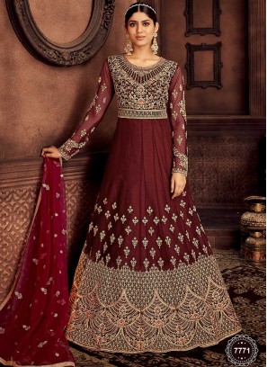 Wine Color Net Embroidered Suit