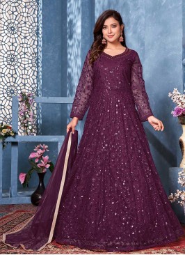 Wine Color Net Floor Length Suit