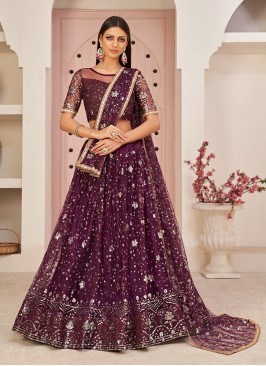 Wine Color Net Sequins Work Lehenga