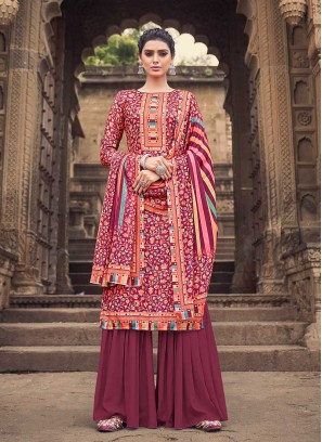 Wine Color Pashmina Silk Printed Suit With Palazzo