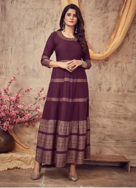 Wine Color Rayon Casual Wear Gown