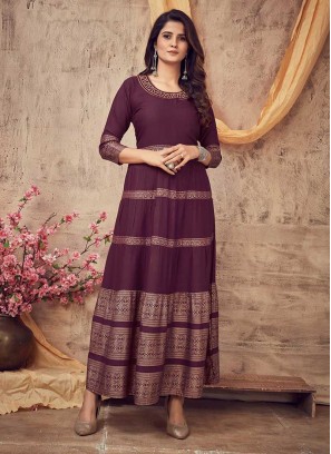 Wine Color Rayon Casual Wear Gown